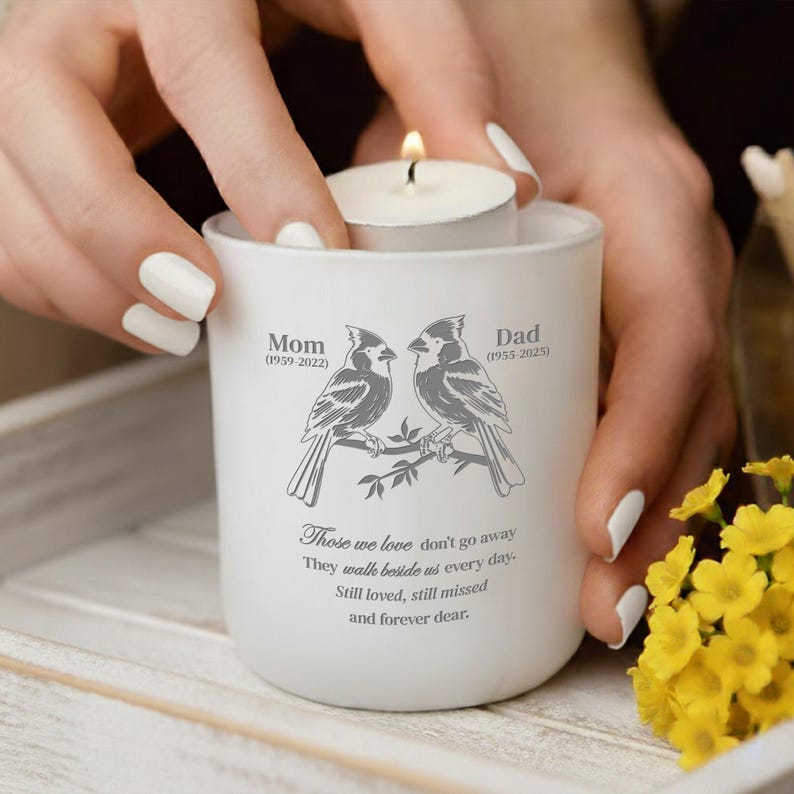 Custom engraved tea light holder, the Personalized Cardinal Memorial Glass is a thoughtful example of in memory of gifts.