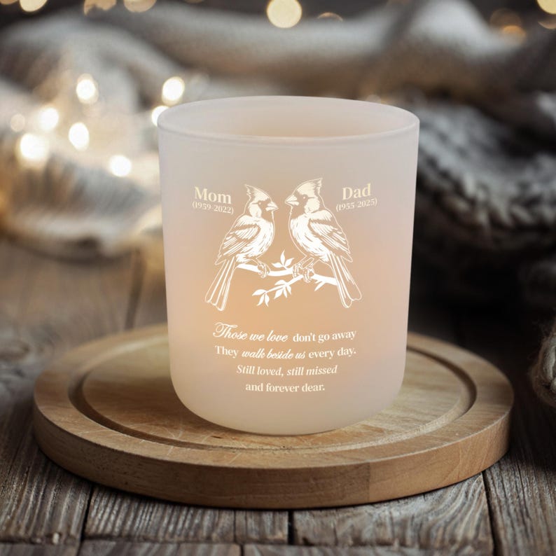This glass tealight candle holder, a Personalized Cardinal Memorial Glass, serves as a peaceful memorial tea light holder.