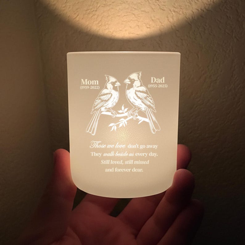 An elegant cardinal memorial gift, the Personalized Cardinal Memorial Glass Tea Light Holder is a unique sympathy gift.