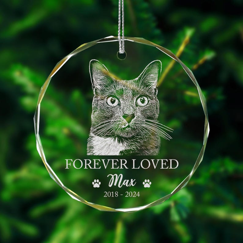 A custom Personalized Cat Memorial Glass Ornament, a beautiful crystal ornament and a thoughtful gift for pet owners grieving a loss.