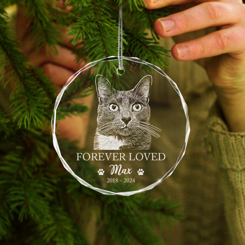 Close-up of a sparkling crystal Personalized Cat Memorial Glass Ornament, a unique and lasting pet loss gift.