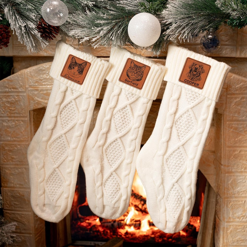 Personalized Cat Photo Christmas Stockings, a beautiful ivory Christmas stocking and personalized cat stocking for cat lovers.