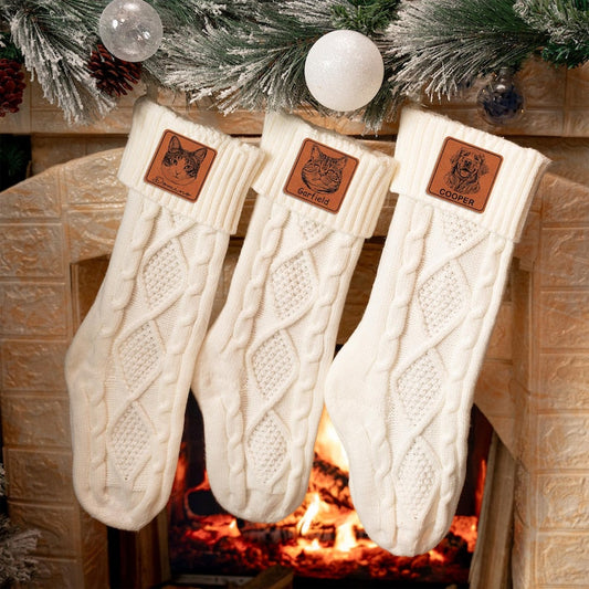Personalized Cat Photo Christmas Stockings, a beautiful ivory Christmas stocking and personalized cat stocking for cat lovers.