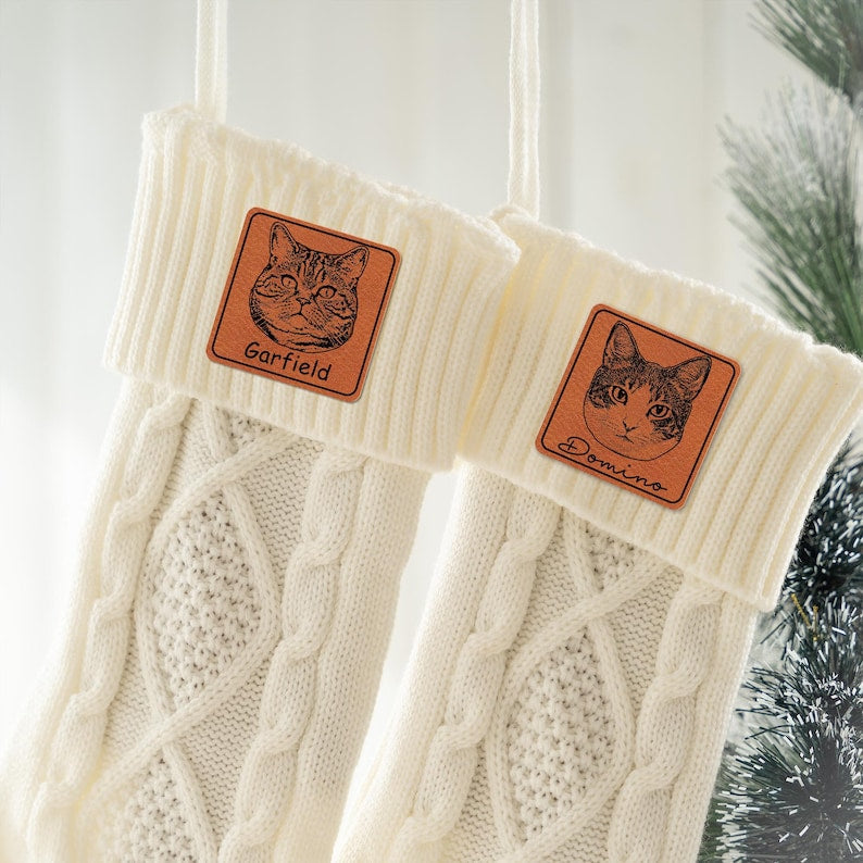 Custom engraved Christmas stockings, these Personalized Cat Photo Christmas Stockings are ideal personalized xmas stockings with a picture.