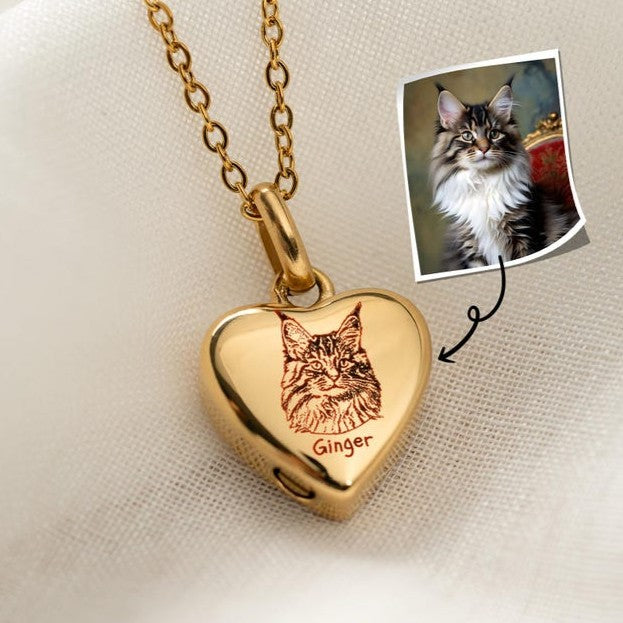 Personalized Cat Photo Heart Urn Necklace, a unique heart necklace for ashes and perfect cat ashes necklace.