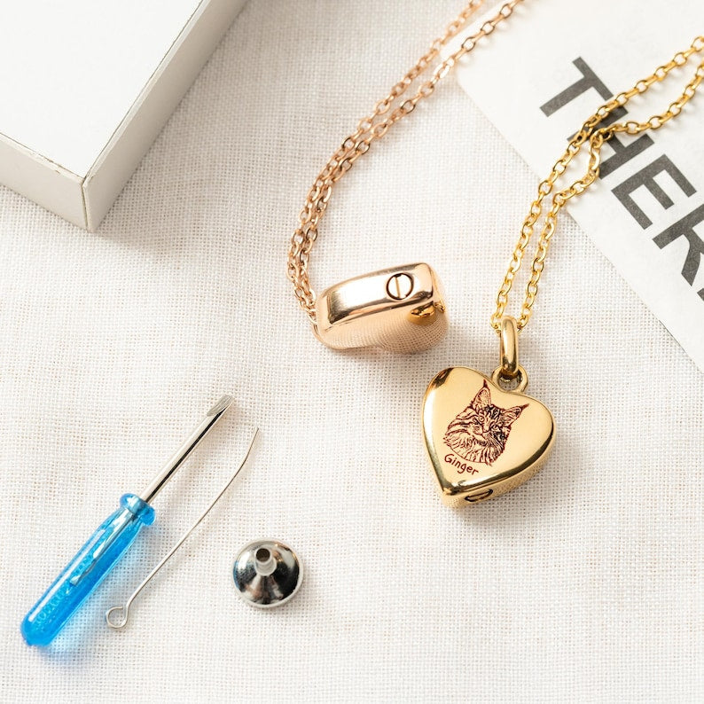 This cat ashes necklace, a Personalized Cat Photo Heart Urn Necklace, serves as a lasting sympathy gift.