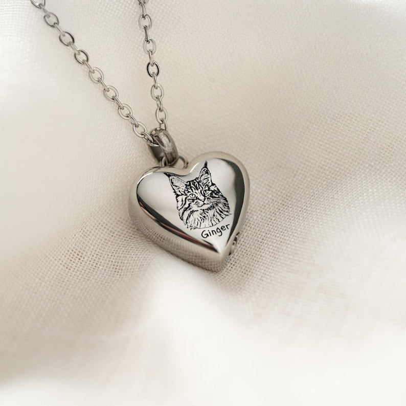 Personalized Cat Photo Heart Urn Necklace, a unique cat ashes necklace and custom heart necklace for ashes.