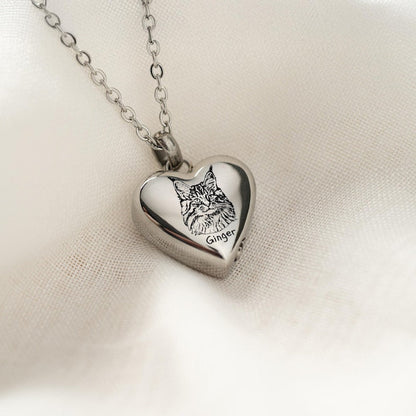 Personalized Cat Photo Heart Urn Necklace, a unique cat ashes necklace and custom heart necklace for ashes.