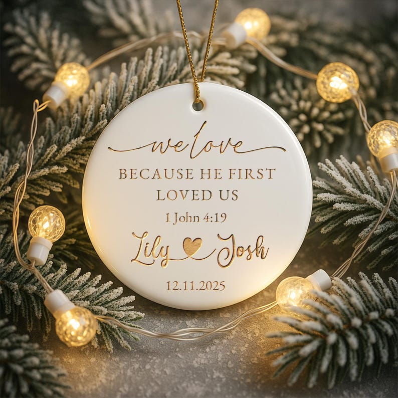 A Personalized Christian Wedding Ceramic Ornament, a beautiful engraved Christmas ornament and Christian wedding gift.