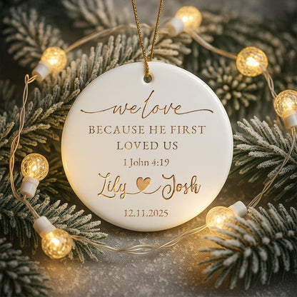 A Personalized Christian Wedding Ceramic Ornament, a beautiful engraved Christmas ornament and Christian wedding gift.