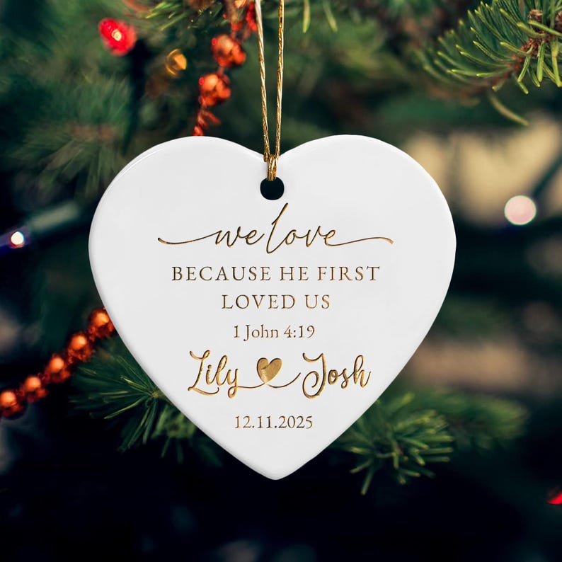 This ceramic Christmas tree ornament, a Personalized Christian Wedding Ceramic Ornament, is a perfect wedding gift for a wedding couple.