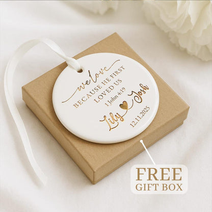 A custom Personalized Christian Wedding Ceramic Ornament, a unique engagement ornament and bible ornament for the holidays.