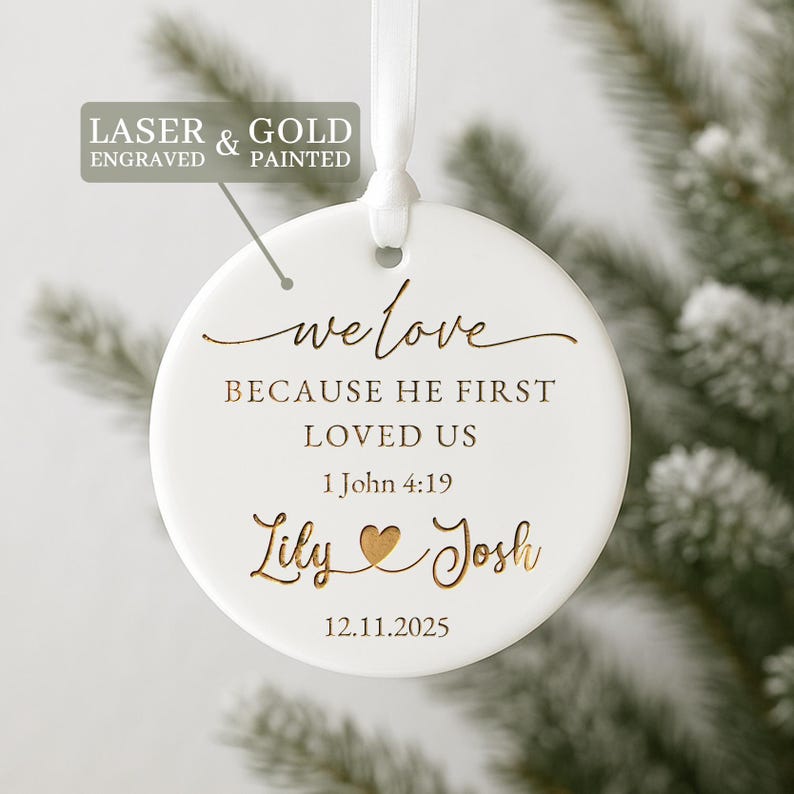 Close-up of a ceramic Christmas tree ornament, this Personalized Christian Wedding Ornament is a cherished wedding ornament and Christian Christmas gift.
