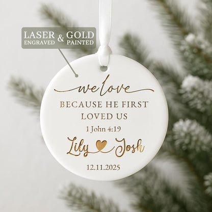 Close-up of a ceramic Christmas tree ornament, this Personalized Christian Wedding Ornament is a cherished wedding ornament and Christian Christmas gift.