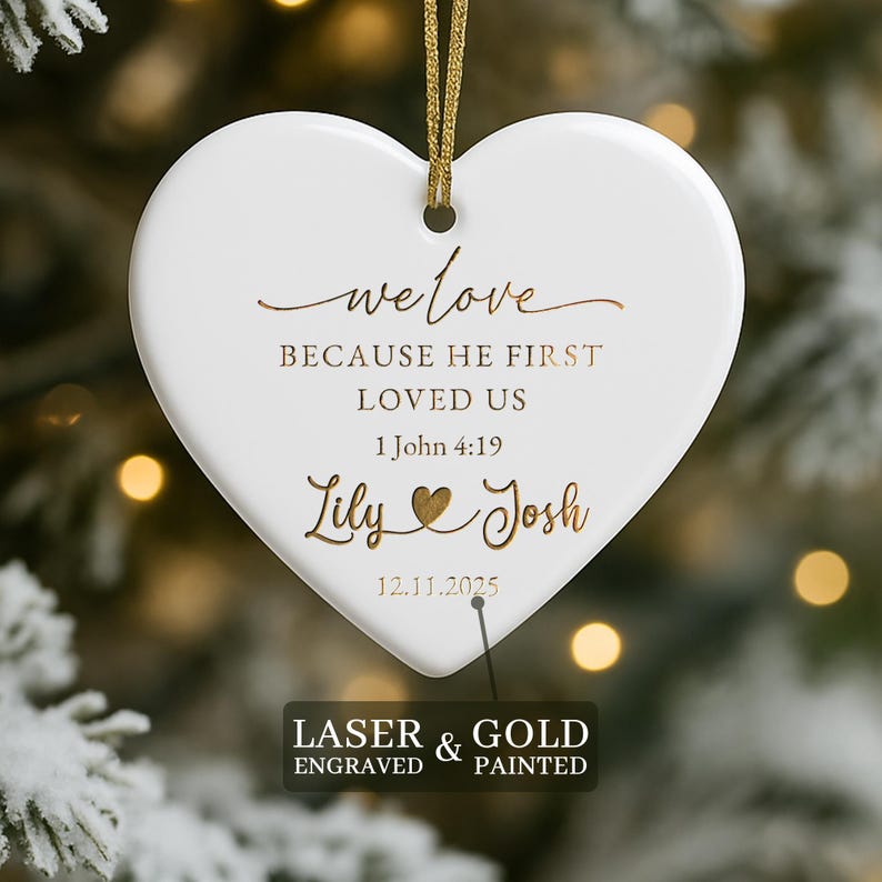The ideal wedding gifts for a wedding couple, this Personalized Christian Wedding Ceramic Ornament is a beautiful engraved Christmas ornament.