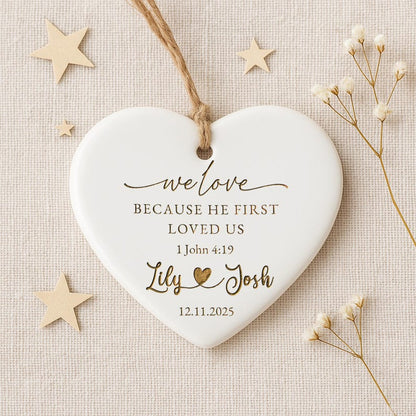 A heartfelt engagement ornament, the Personalized Christian Wedding Ceramic Ornament is a unique engraved Christmas ornament and wedding gift.