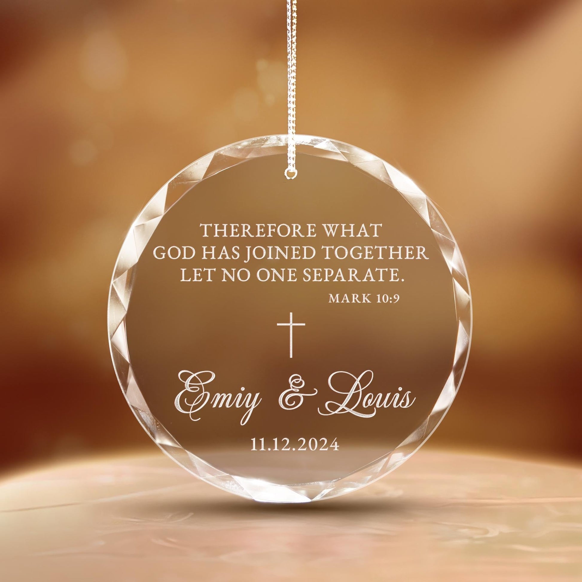 First Christmas married ornament with personalized names and faith inspired design  