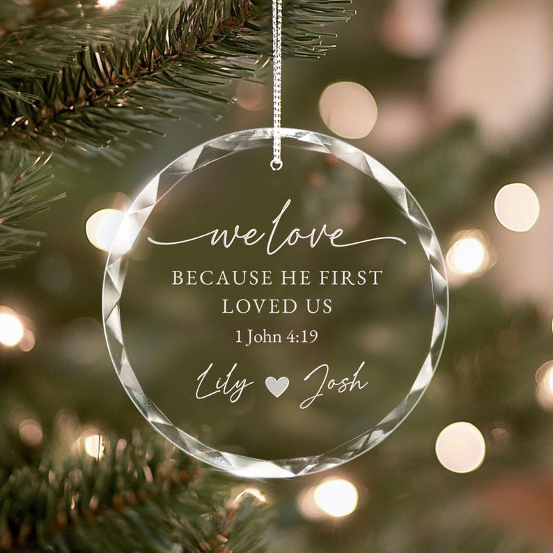 A Personalized Christian Wedding Glass Ornament with Bible, a meaningful Christian wedding gift for a new couple.