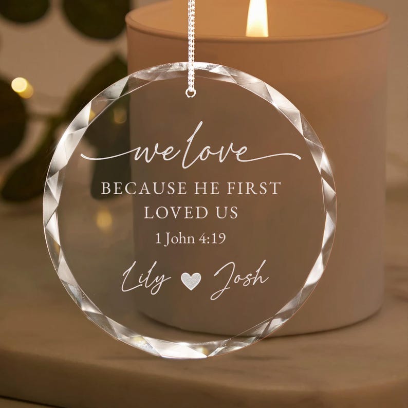 An elegant crystal ornament for newlyweds, this Personalized Christian Wedding Glass Ornament is a thoughtful keepsake.