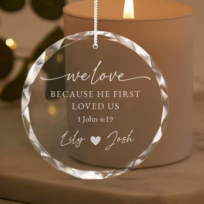 An elegant crystal ornament for newlyweds, this Personalized Christian Wedding Glass Ornament is a thoughtful keepsake.