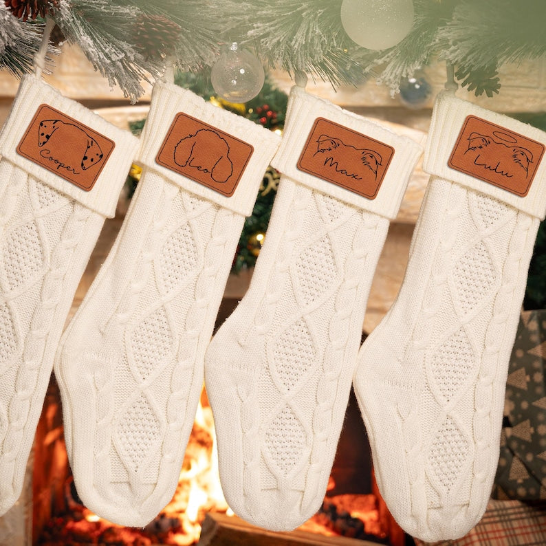 Personalized Christmas Stockings for Dog Lovers, a unique ivory Christmas stocking and personalized dog stocking for the holidays.