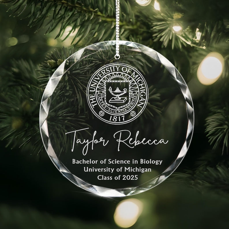 A Personalized College Logo Graduation Glass Ornament, a perfect crystal ornament and one of the best college graduation gifts.
