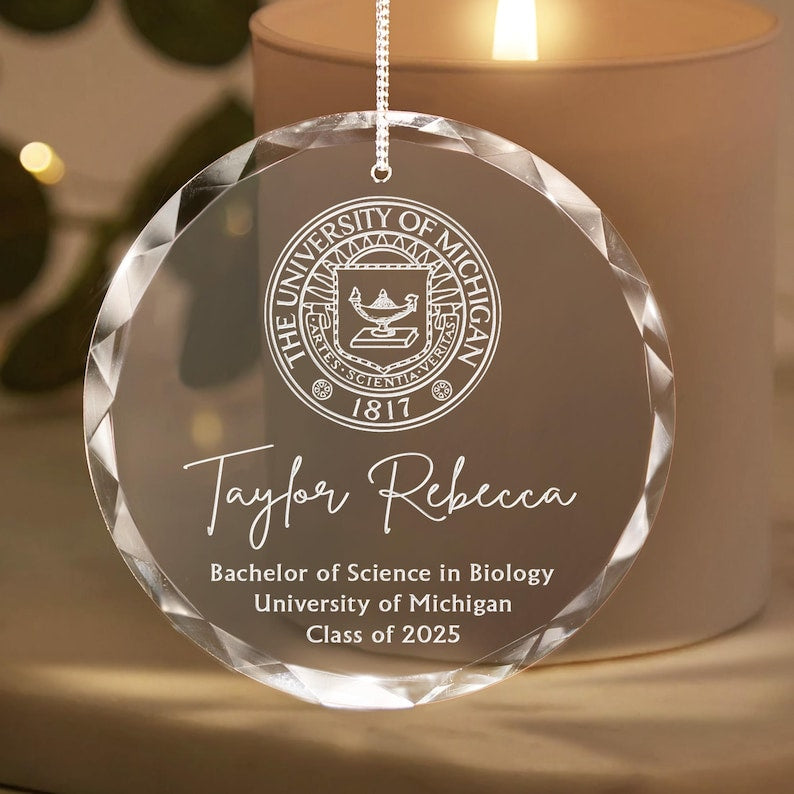 This custom ornament with a logo, a Personalized College Logo Graduation Glass Ornament, is a cherished university ornament.