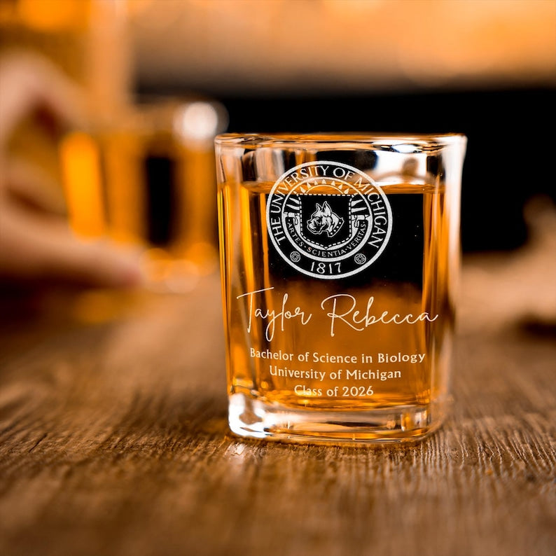 Personalized College Logo Graduation Shot Glass for Class of 2026, a high-quality and unique gift.