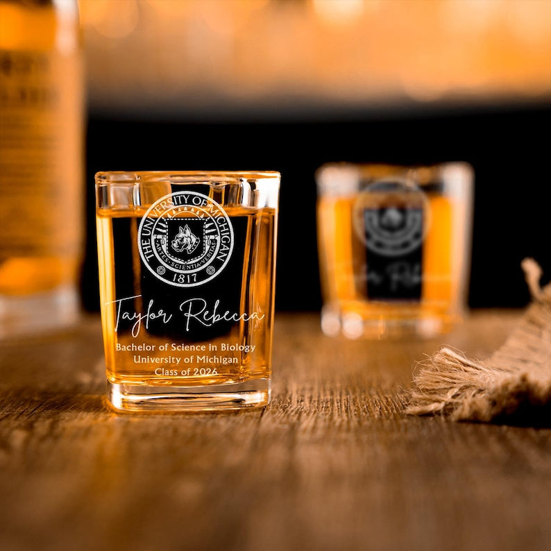 The perfect customized graduation gift, this logo shot glass is a must-have for new graduates.