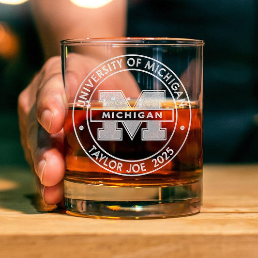 Personalized College Logo Whiskey Glass for the Class of 2026, a unique and professional college graduation gift.