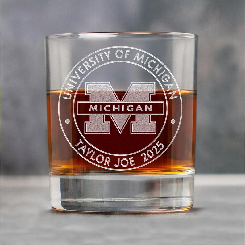 High-quality logo engraved glassware, this personalized whiskey glass is a sophisticated graduation keepsake.