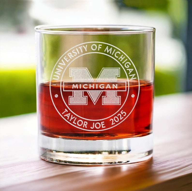 This custom logo bourbon glass features a premium engraved logo, making it a perfect gift for new graduates.