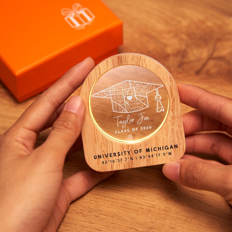 Durable etched night lights, providing a professional way to showcase cherished campus memories.