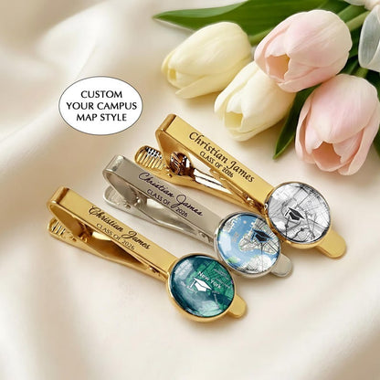 Personalized College Map Graduation Tie Clip for Class of 2026, a high-quality and unique gift.