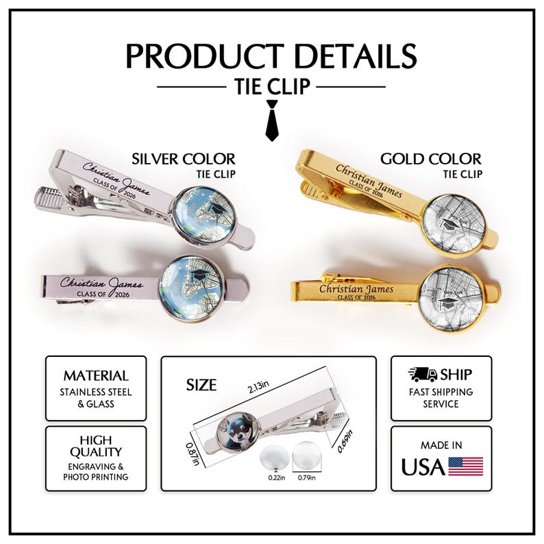 The perfect customized graduation gift, this college map tie clip is a must-have for the ceremony.