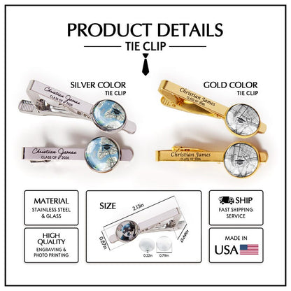 The perfect customized graduation gift, this college map tie clip is a must-have for the ceremony.