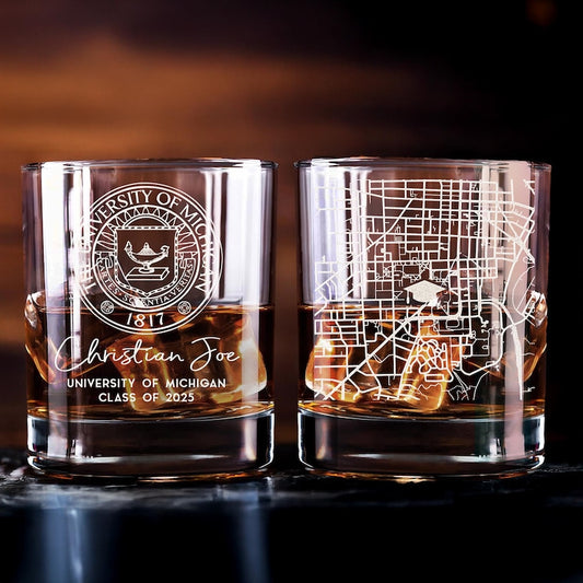 Personalized College Map Graduation Whiskey Glass for Class of 2026, a unique and thoughtful graduation gift.