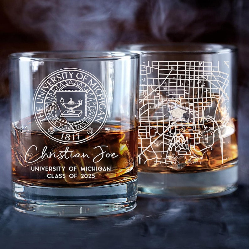 The perfect customized graduation gift, this college map whiskey glass is a must-have for the Class of 2026.