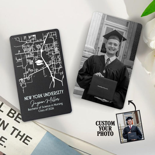 Personalized College Map Metal Wallet Card for Class of 2026, a high-quality and unique gift.