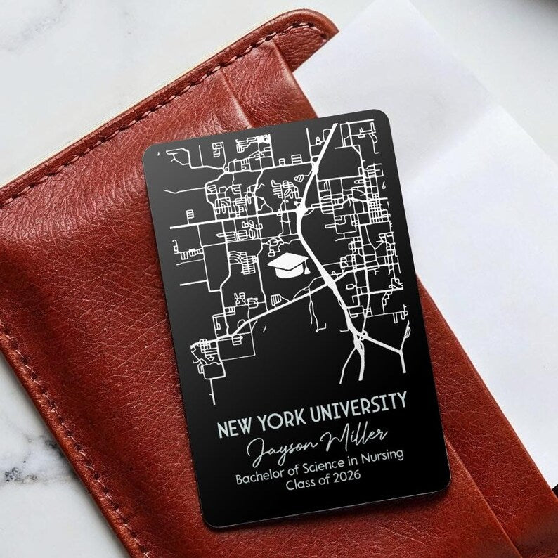This custom engraved metal wallet card features a college map, making it a perfect graduation gift for him.