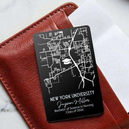 This custom engraved metal wallet card features a college map, making it a perfect graduation gift for him.