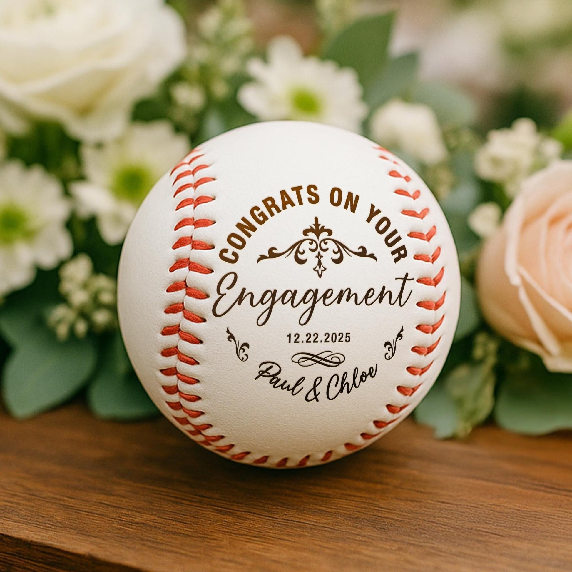 Congrats on engagement gift featuring custom baseball with names and engagement date  