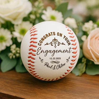 Congrats on engagement gift featuring custom baseball with names and engagement date  