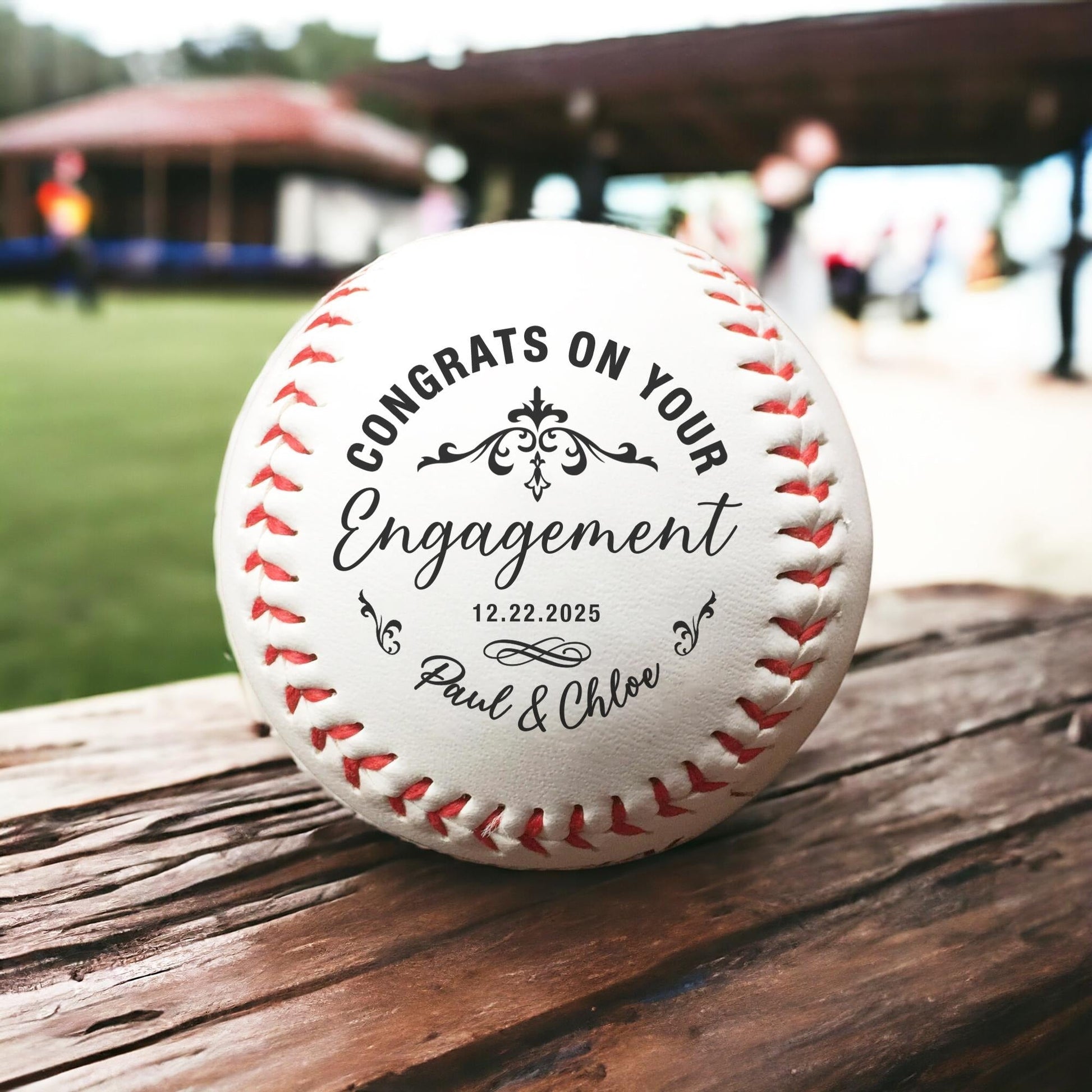 Engaged couple gift ideas include custom baseballs with heartfelt congratulations  