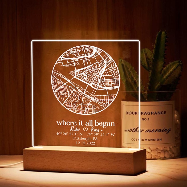 Personalized Couple Map Acrylic Night Light, a unique map of where we met and perfect Valentine's gift for him.