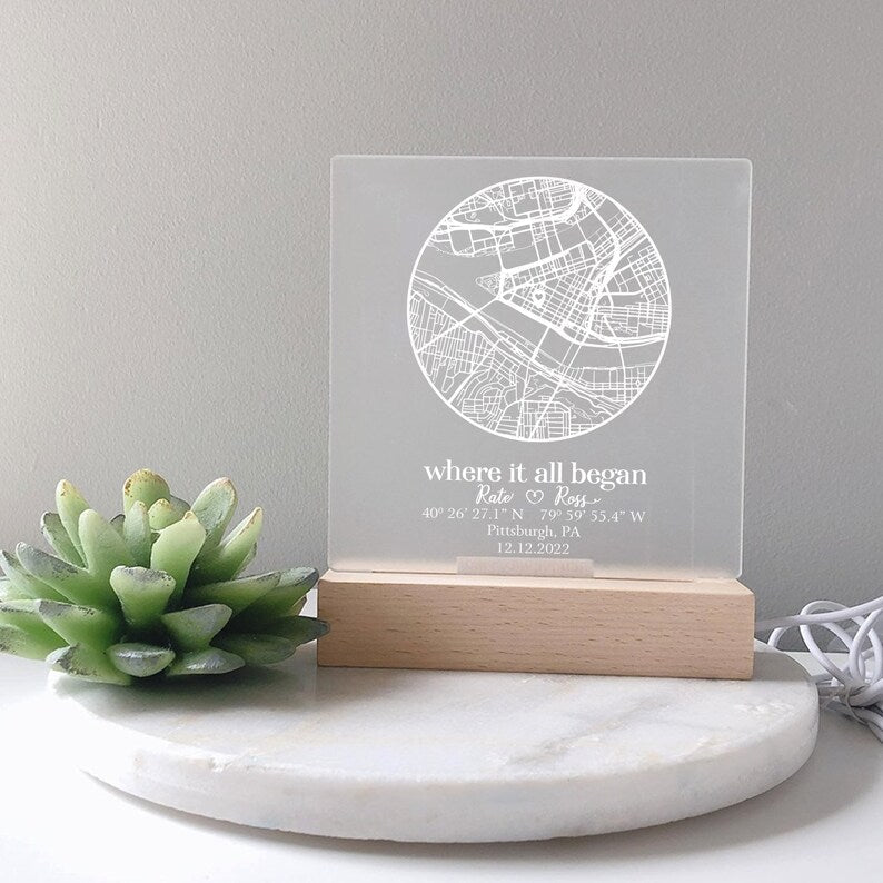 This custom couple night light, a Personalized Couple Map Acrylic Night Light, is a meaningful couple map gift.