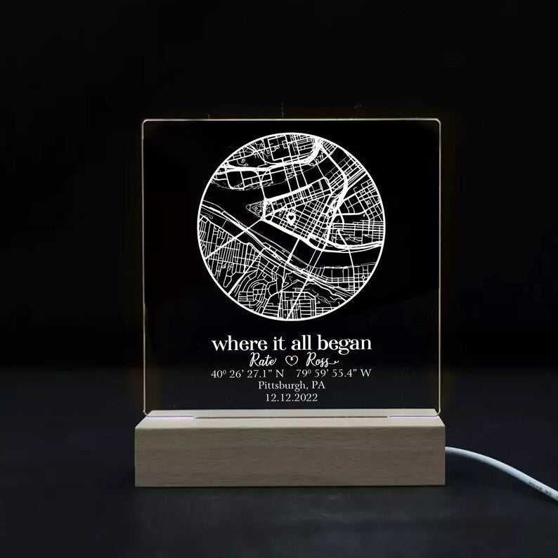 A close-up of the LED light gifts, this Personalized Couple Map Acrylic Night Light features a custom acrylic night light design.