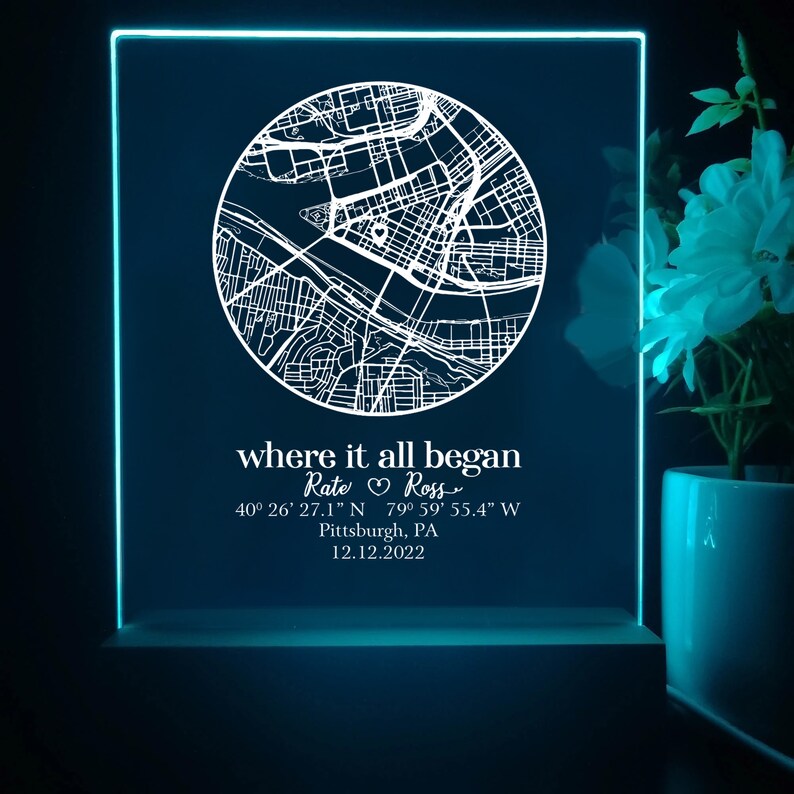The perfect Valentine's Day night light, this Personalized Couple Map Acrylic Night Light is a romantic custom couple map gift.