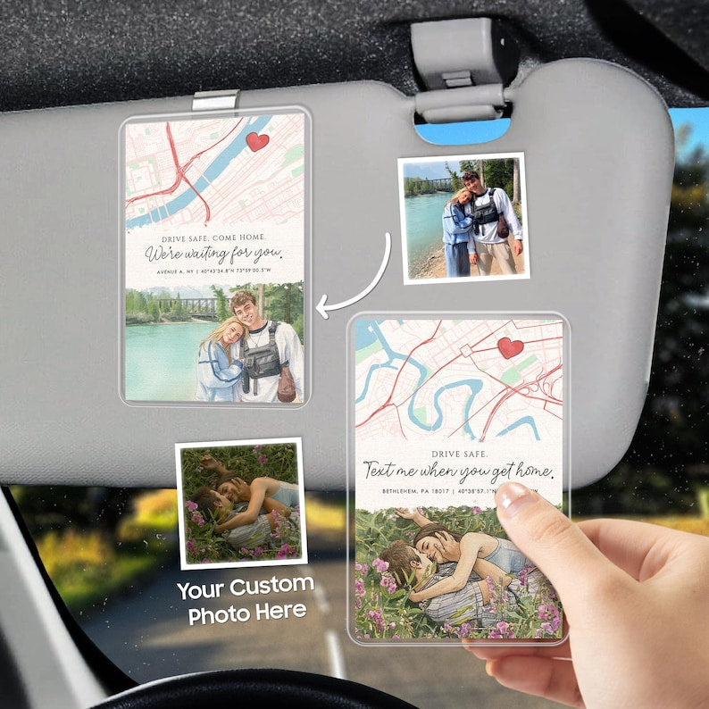 This custom car accessory is an ideal Valentine's Day map gift and a thoughtful drive safe visor clip for him.