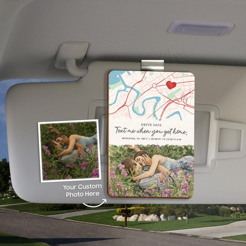 The perfect rear view mirror accessory, this map-style car visor picture frame is a romantic couple Valentine's gift.